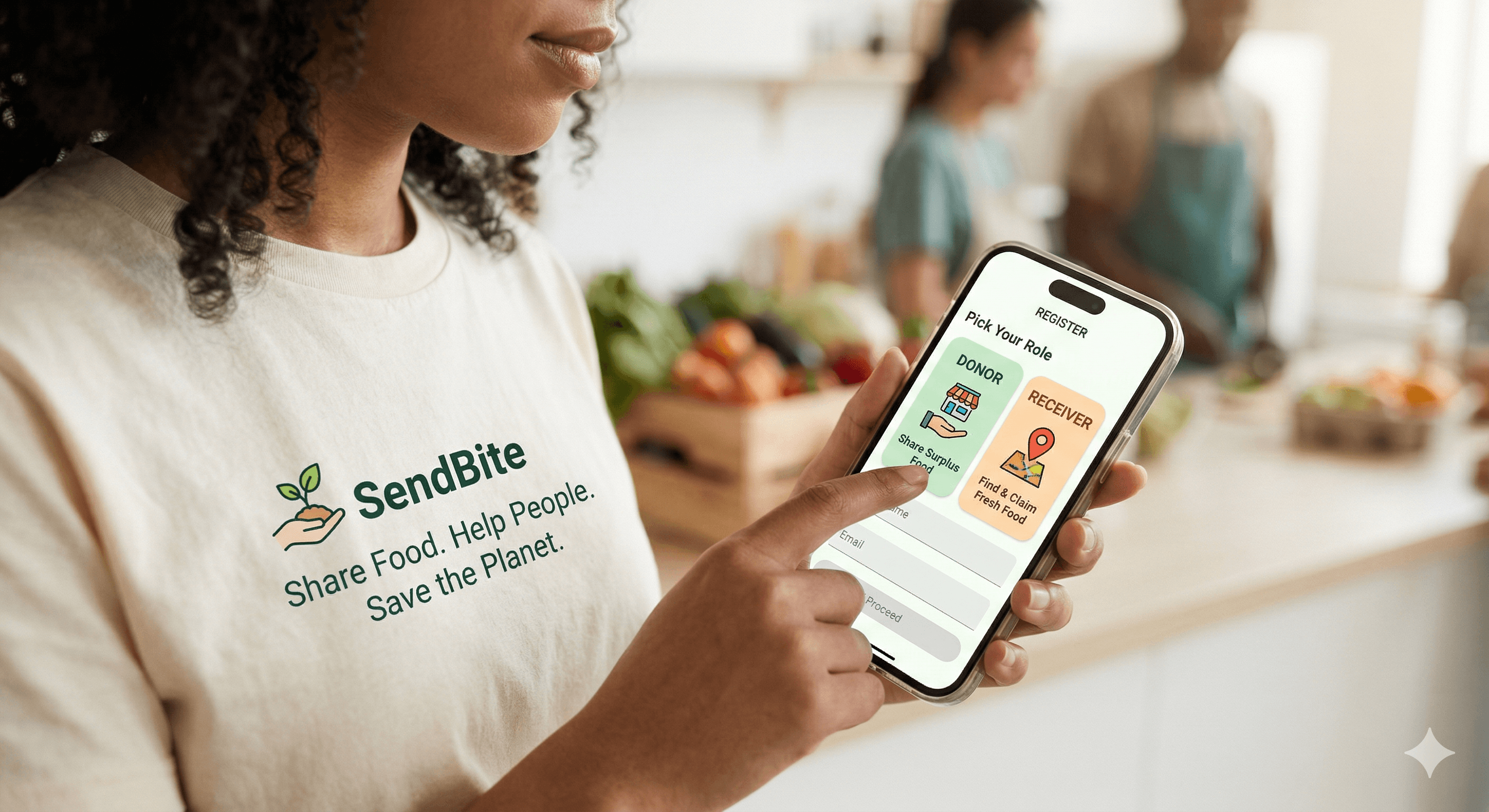 SendBite registration and welcome screens on a phone